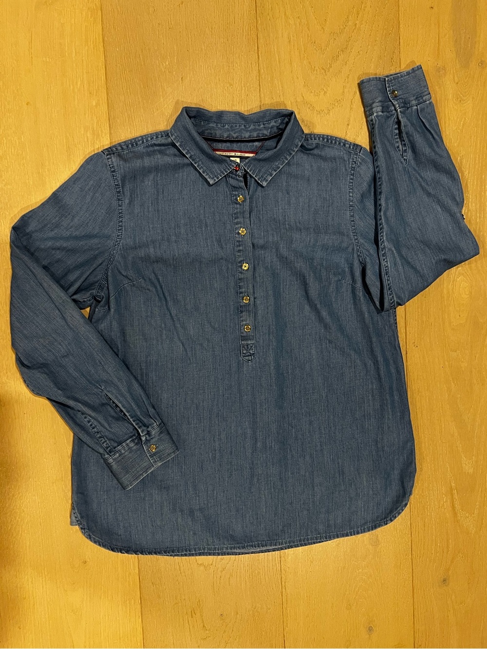 Tommy Hilfiger Blue Cotton Chambray Henley Pullover Blouse Top Size L Large